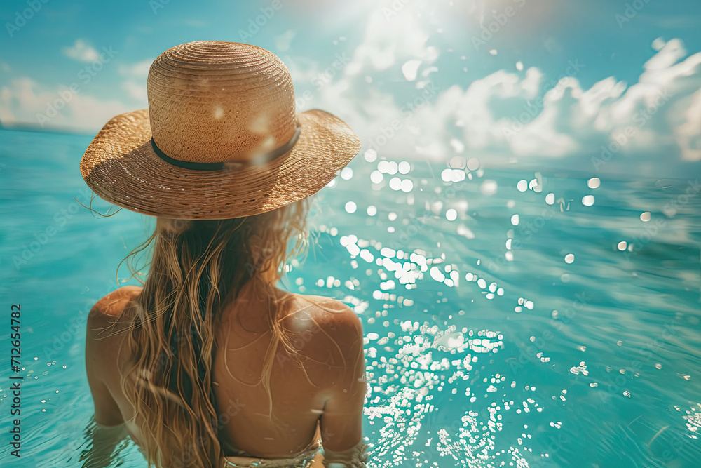 A woman in a summer straw hat against the background of the blue sea. An atmosphere of silence, relaxation and tranquility. Inner harmony