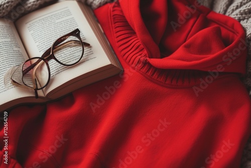 Top View red Sweater and Hoodie Mock-up: Unisex Fashion, Book, Sunglasses, isolated on a white background