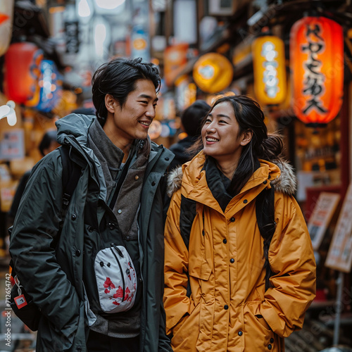 Pareja de chicho y chica asiatica de viaje con mochilas ropa de otoño chubasqueros viajando por Japon