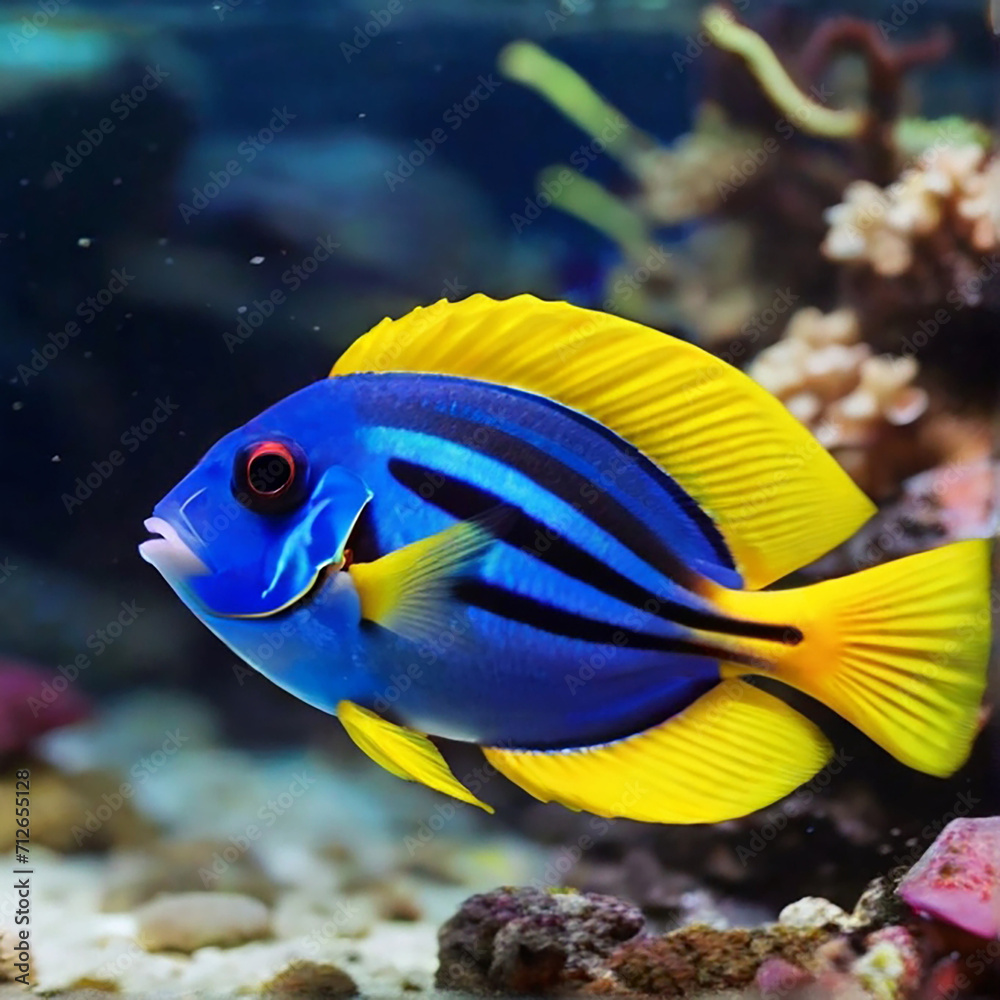 Cute blue coral tang fish is swimming Cute blue coral tang fish is swimming