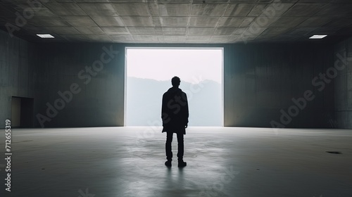 A man standing in an empty space is captured in a cinematic manner.
