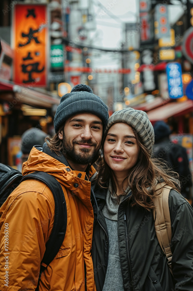 Pareja de chicho y chica de viaje con mochilas ropa de otoño chubasqueros viajando por Japon
