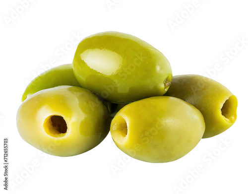 Close-up of green olives with olive leaves - isolated