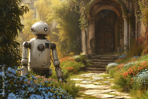 Un robot tondeuse qui parcourt une pelouse bien entretenue dans un jardin ensoleill?(C). photo