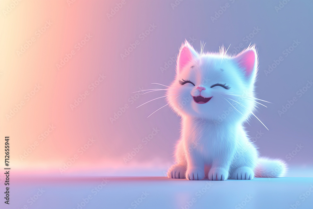 A 3D cartoon character of an adorable white kitten against a gradient background, offering free copy space