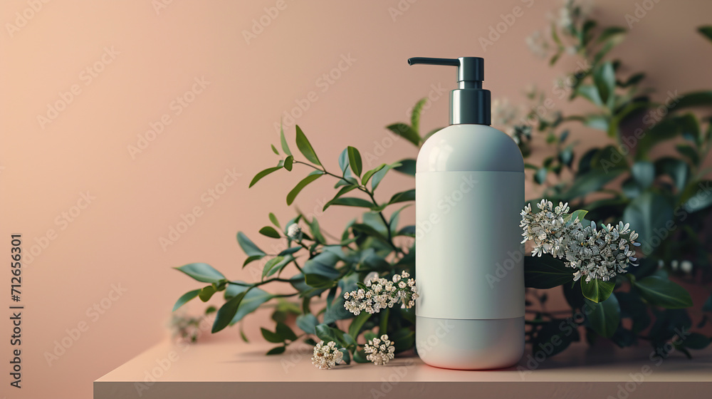 Shampoo dispenser bottle with blank label, flowers on a coral background. Mock up. Copy space. Shampoo dispenser bottle with blank label, flowers on a coral background. Mock up. Copy space.