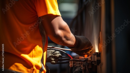 A voltage cable is cut by a construction electrician while repairing something