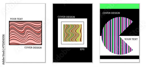 Geometric cover design, set of 3 covers. Abstract unusual background in Memphis style. Bright geometric shapes in random order