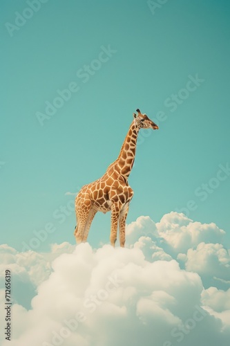 a giraffe standing on a cloud