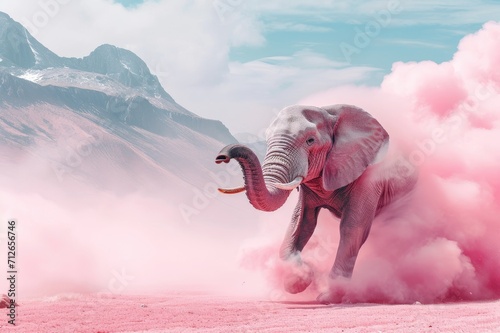 elephant running on pastel pink background in smoke