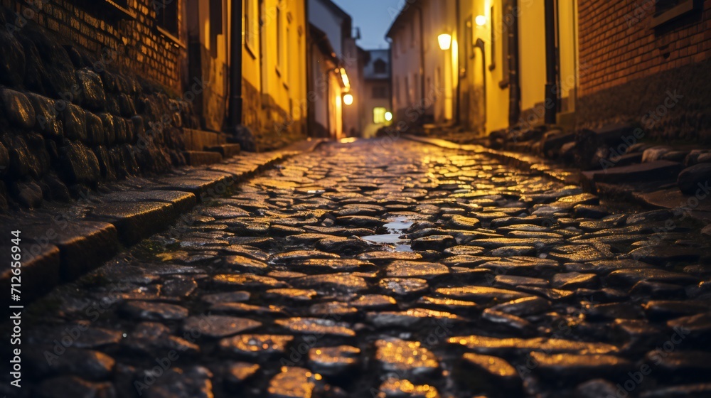 Cobblestones at night on a narrow medieval street with cracked and ...