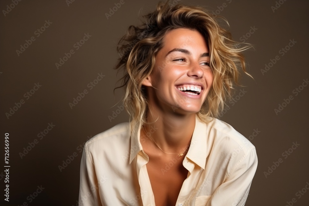 Portrait of a beautiful young woman laughing with her hair blowing in the wind Portrait of a beautiful young woman laughing with her hair blowing in the wind