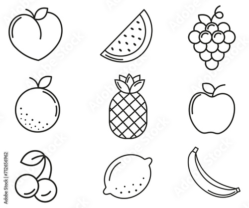 Fruits simple drawing, exoctic and fresh fruits line art, vitamins vector illustration isolated on white background