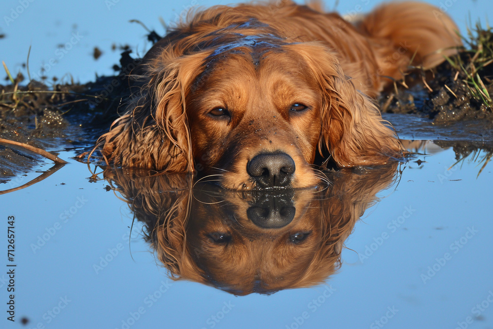 Golden retriever lies in a puddle of water.