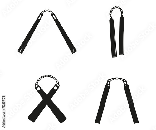 Nunchaku ninja weapons, equipment personal defense, icon set vector illustration