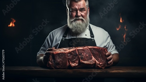 Fresh bacon meat was cut by a butcher with a beard wearing a fleece shirt. photo