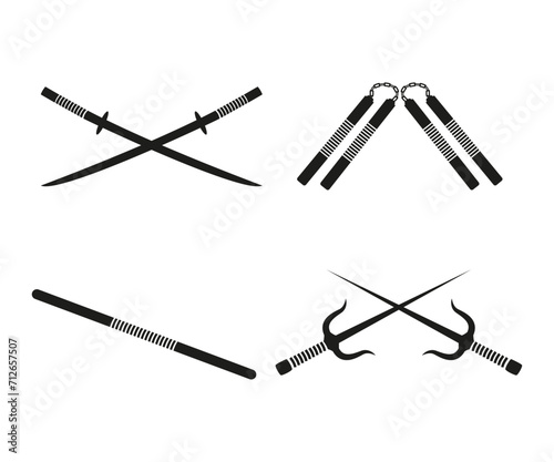 Ninja weapons, equipment fight, nunchaku, sword, stick, katana, icon set vector illustration