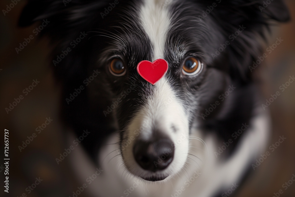 A black and white border collie with a vivid red heart sticker on its forehead, capturing the essence of love