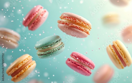 Colorful flying macaroons on a pastel background ​ photo