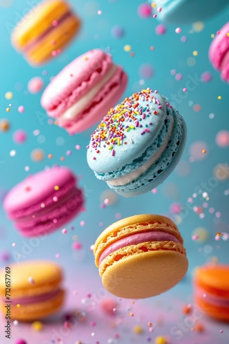 Colorful flying macaroons on a pastel background ​