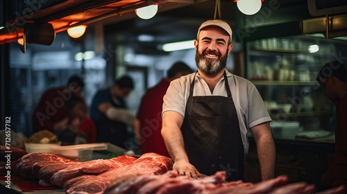 Fresh cut meat is being served in a market by a butcher who has a bearded face and wears a fleece shirt.