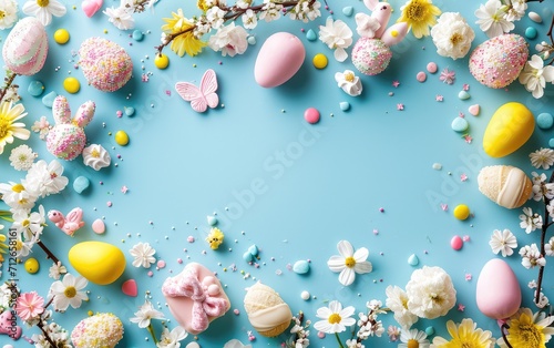 Easter frame from colorful treats for Easter on color background