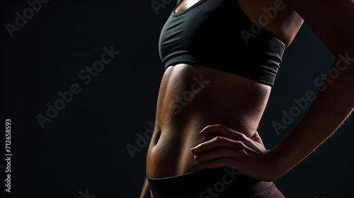 Detail of the muscular waist of a female athlete in sportswear. Black background and space for text. Fitness and gymnastics concept.