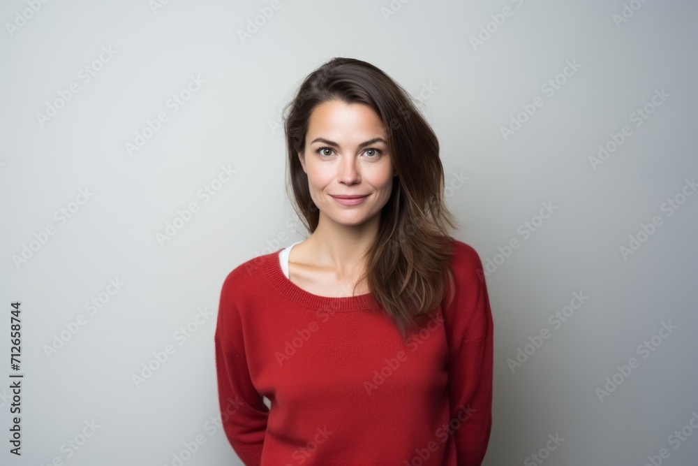 Portrait of a beautiful young woman in a red sweater on a gray background Portrait of a beautiful young woman in a red sweater on a gray background