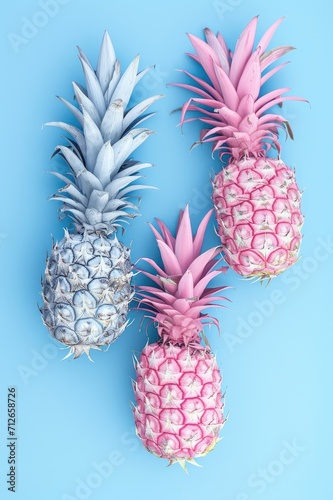 flat lay of three ultra bright pastel pink pineapples 