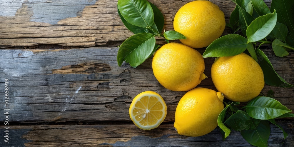 Fresh lemon with leaves on wooden kitchen background