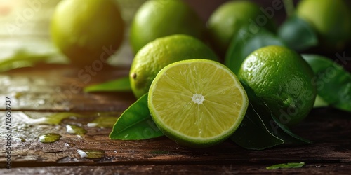 Fresh lime with leaves on wooden kitchen background