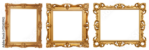 Set of golden color horizontal and vertical frames isolated on transparent background. Mockup for an advertising banner or picture. Design element for insert project.