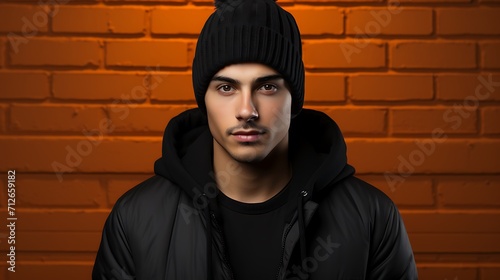 Homem jovem com gorro preto e blusão, fundo com textura parede de tijolos