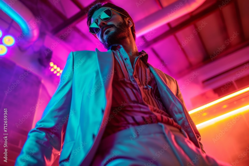 Stylish man in a suit at a club with vibrant neon lights.