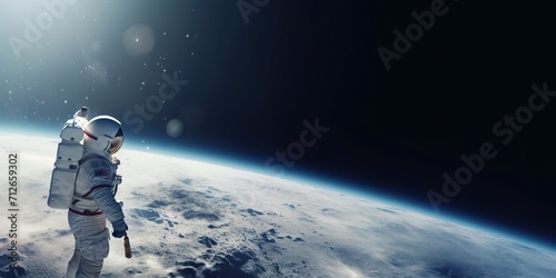 minimalistic design Astronaut spacewalk on the Moon surface watching planet Earth from space.