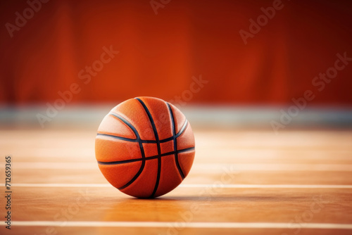 Basketball on Glossy Hardwood Court Floor © spyrakot