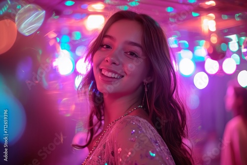Smiling young woman enjoying a party with colorful lights and bokeh background.