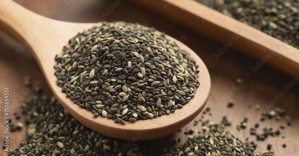 An isolated top view of chia seeds arranged in a bowl with a wooden spoon. An isolated top view of chia seeds arranged in a bowl with a wooden spoon.