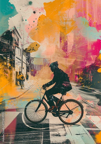 Urban Cyclist in Colorful Abstract Cityscape