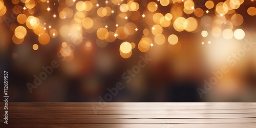 Blurred lights on coffee shop table with bokeh background. Template for product display.
