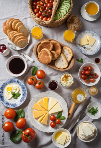 Traditional Turkish breakfast. Turkish tea, honey, cheese, jam, cucumber, tomatoes, butter. 