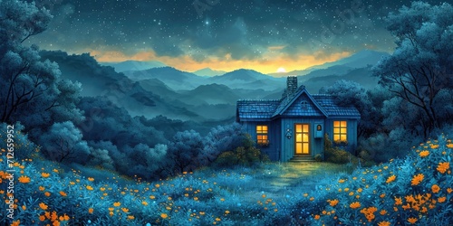 Illustration night blue and teal idyllic rural scenes 
with a house photo