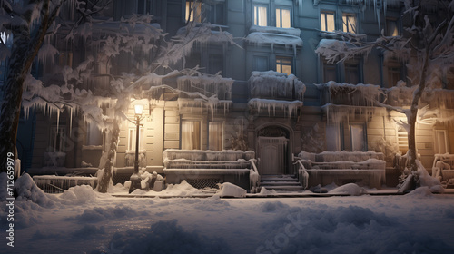 Night scene of snow covered city street in winter. 3D rendering