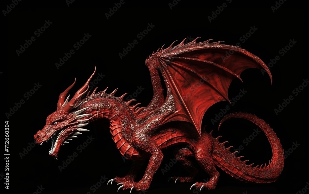 large full-length dragon, red, cute, on a black background, space for text 