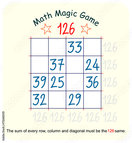 Magic math game. (Magic square)  Recreational mathematics and educational series vector illustration.