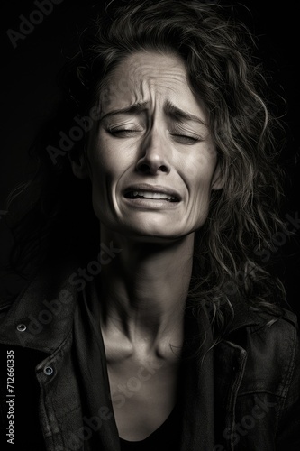 Mid-aged woman crying, frizzy hair