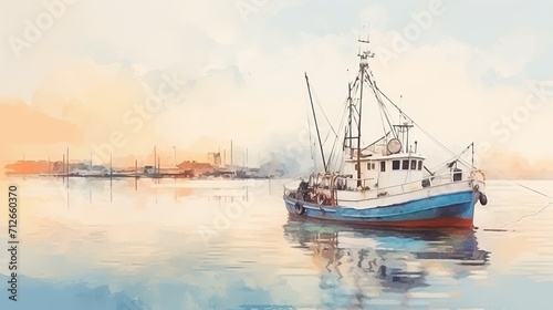 A watercolor painting style was used to capture the morning scene of a fishing boat in the harbor