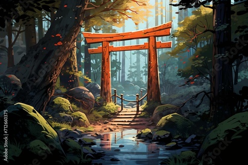 Digital drawing of torii arch in forest with path. Generative AI