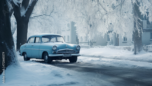 Old car on a street with snow on the ground. Driving a car on snowy road in winter. retro white red car standing in snowdrifts in a snow storm winter weather against snow covered trees