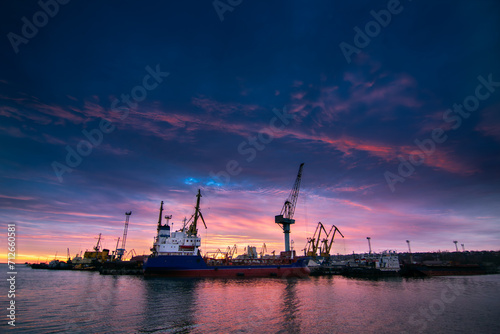Container ship docked at industrial port. Sunset silhouettes cranes, vessel ready for global trade. Maritime cargo transport, logistics. Shipping freight, harbor facilities, nautical export import.